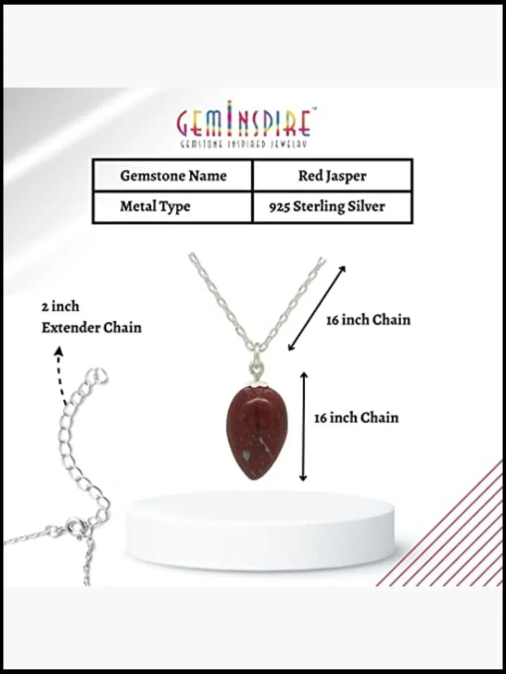 Natural Gemstone Pendant Necklace 925 Sterling Silver Adjustable Chain